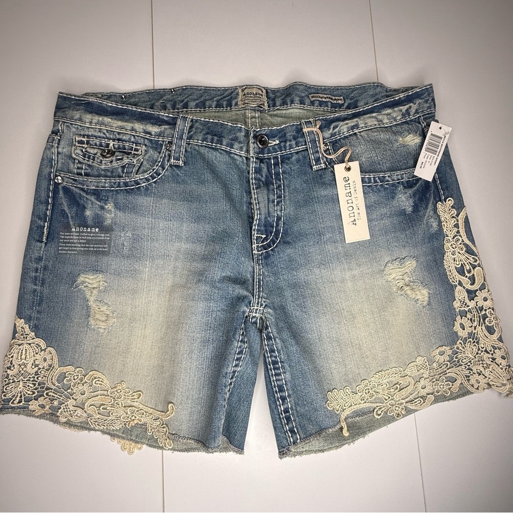 Anoname Blue Denim Shorts Lace Trim Sz 31 NWT